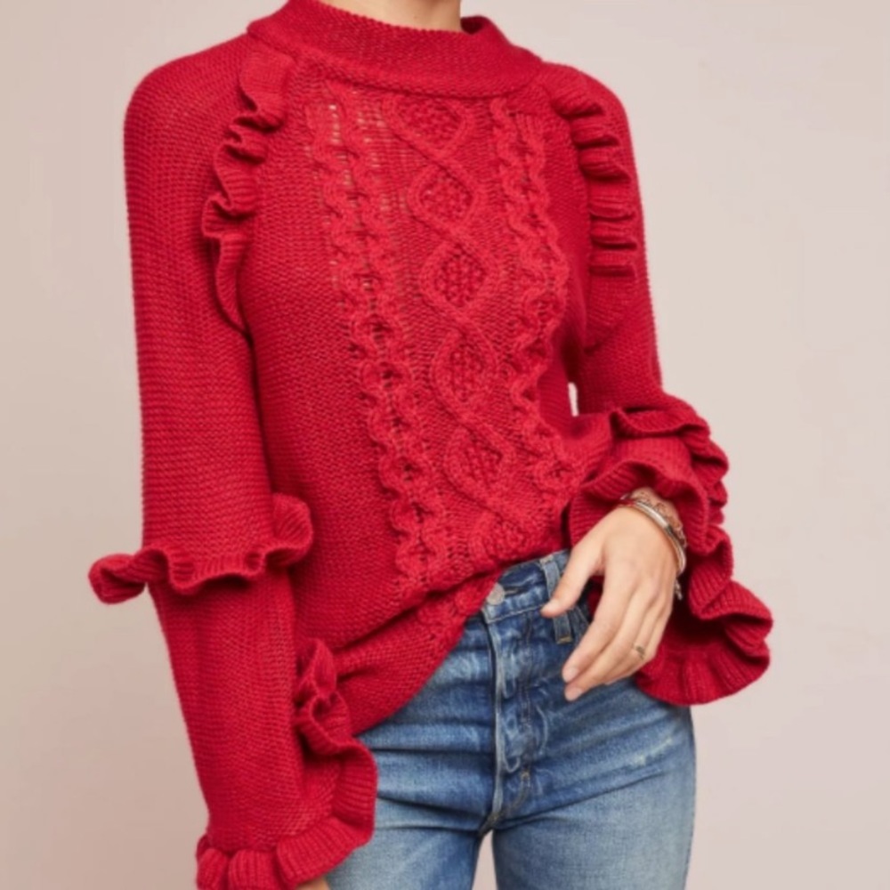 Anthropologie Red Ruffled Cable-Knit Sweater XS